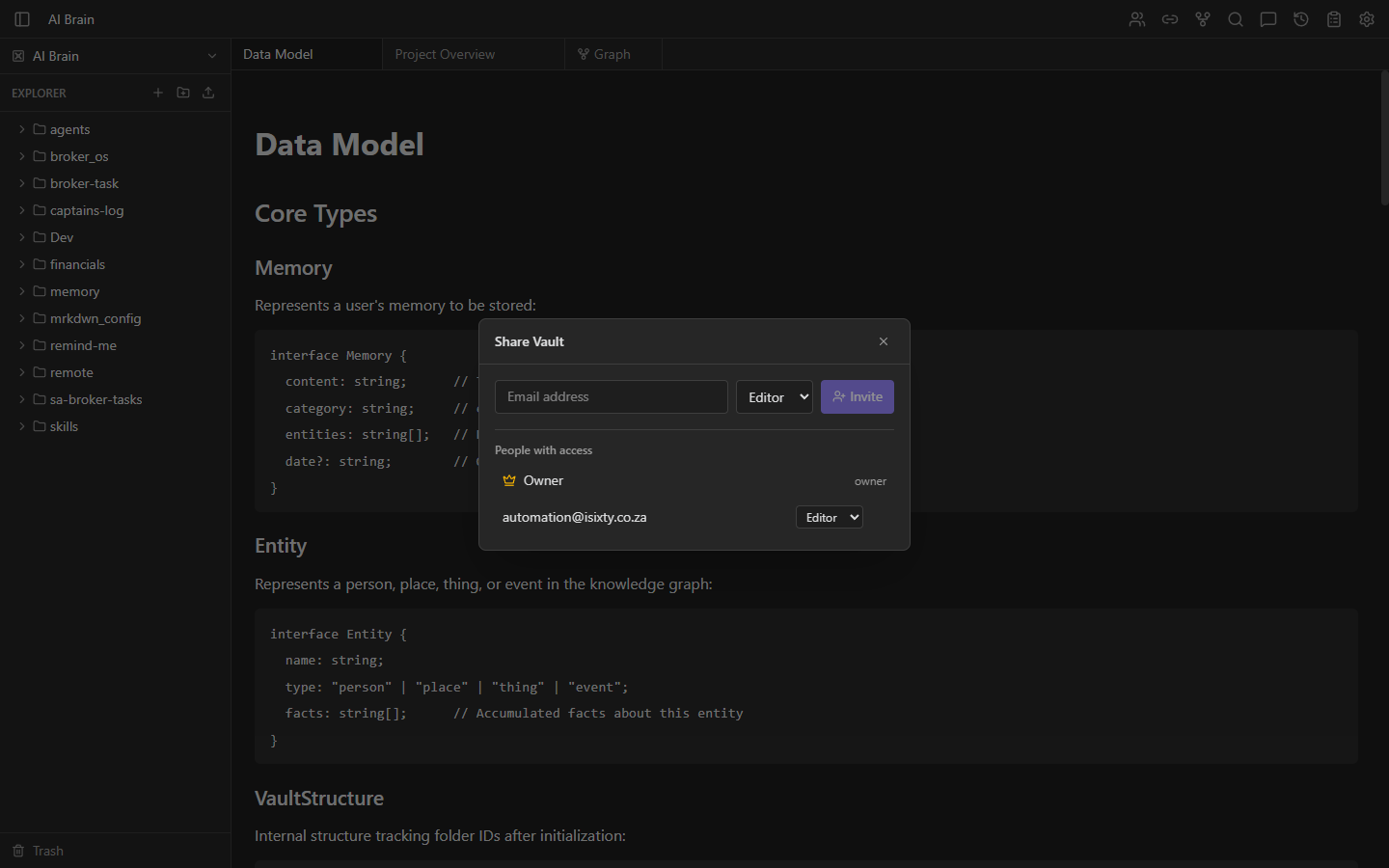 mrkdwn.me vault sharing dialog with role management